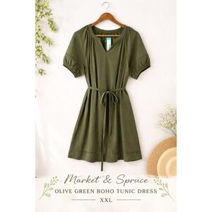 Market & Spruce Olive Green Boho Tunic Dress XXL Tie Waist Cottagecore